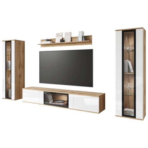 Wohnwand Caro Eiche Wotan/Weiß Hochglanz