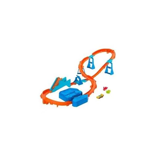 Hot Wheels Track Creator Beschleuniger-Sprung-Schnellstrecke-Set mit Spielzeugauto im Maßstab 1:64 und motorisiertem Beschleuniger