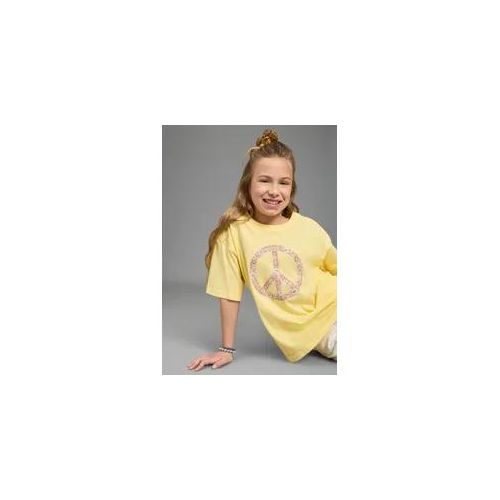 T-Shirt KIDSWORLD "T-Shirt Peacezeichen-Druck", Mädchen, Gr. 128/134, gelb, Single Jersey, Obermaterial: 100% Baumwolle, bedruckt, geblümt, lässig geschnitten, Rundhals, Shirts T-Shirt, lässige Passform, Kurzarm, mit Rundhalsausschnitt, aus Baumwolle
