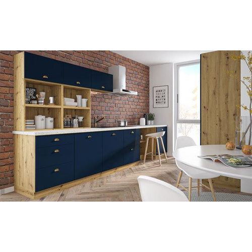 Küchenzeile "Bonn" Wohnküche Küchenblock 300cm Vollauszug eiche artisan Front marineblau matt