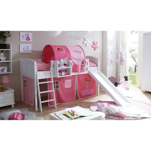 TiCAA Hochbett mit Rutsche Rutschbett "Ekki" Country Kiefer Weiß Motiv