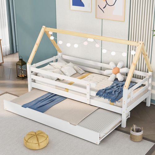 Kinderzimmer-Liebling: Ausziehbett mit Rollen, stabil, sicher, 90x200/190cm, weiß+natur