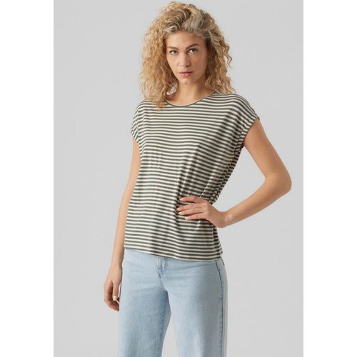 Rundhalsshirt VERO MODA "VMAVA PLAIN SS TOP STRIPE GA JRS NOOS", Damen, Gr. M, grün (laurel wreath stripes), Jersey, Obermaterial: 95% Lyocell (TENCEL™), 5% Elasthan, gestreift, normal, Rundhals, Shirts Rundhalsshirt, Materialmix, regular fit