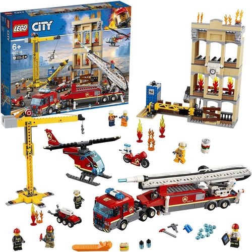 LEGO 60216 City Feuerwehr in der Stadt, Spielzeug für Kinder ab 6 Jahre, inklusive Feuerwehrauto, Kran, Hubschrauber und 7 Minifiguren