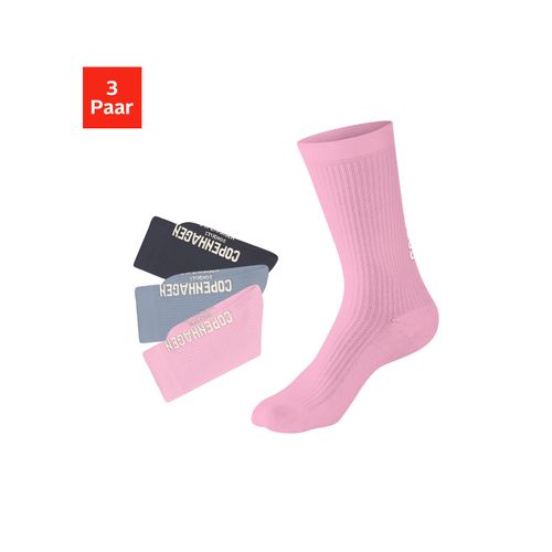 Tennissocken COPENHAGEN STUDIOS, Damen, Gr. 39-42, bunt (1x anthrazit, 1x hell blau, 1x rosa), Baumwollmischung, unifarben, elastisch, Socken Tennissocken, mit großem Schriftzug