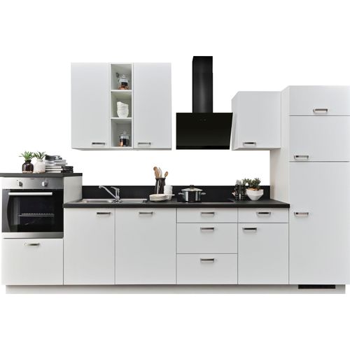 Küchenzeile KOCHSTATION "KS-Bari", wahlw. mit E-Geräten & Geschirrspüler", weiß (küche: weiß, korpus: weiß, arbeitsplatte: schwarz steinstruktur), B:340cm T:60cm, Komplettküchen-Sets, Küchenzeile, Soft-Close-Funktion und Vollauszügen, vormontiert, Breite 340 cm