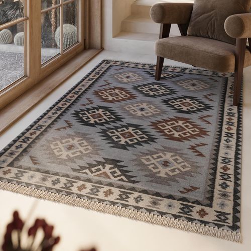 Wollteppich GREEN LOOOP "Blancard", blau (hellblau), B:300cm H:5mm L:400cm, Wolle, Teppiche, Wollteppich, Fransen, Kelim, handgewebt, Natur, Wohnzimmer, Schlafzimmer, Ethno