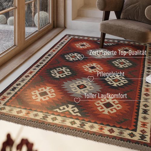 Wollteppich GREEN LOOOP "Blancard", rot, B:140cm H:5mm L:200cm, Wolle, Teppiche, Wollteppich, Fransen, Kelim, handgewebt, Natur, Wohnzimmer, Schlafzimmer, Ethno