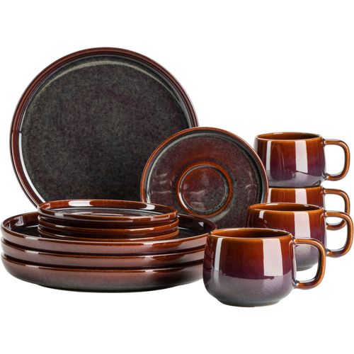 Kaffeeservice MÄSER "ELINA UNO, aus Steinzeug", rot (rot, braun), 12 Stk., Steinzeug, Geschirr-Sets, Kaffeeservice, Geschirr-Set, Service