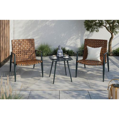 Ambia Garden Balkonset, Braun, Schwarz, Metall, Kunststoff, Glas, 3-teilig, Rundrohr, 178x72.3x77.5 cm, lichtecht, wetterbeständig, Tische mit Glasplatte, Balkonmöbel, Balkonmöbel-Sets