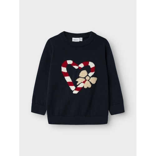 Weihnachtspullover NAME IT "NMFREAMO LS KNIT", Mädchen, Gr. 92, navy blazer, Strick, Obermaterial: 100% Baumwolle, Rundhals, Pullover Weihnachtspullover