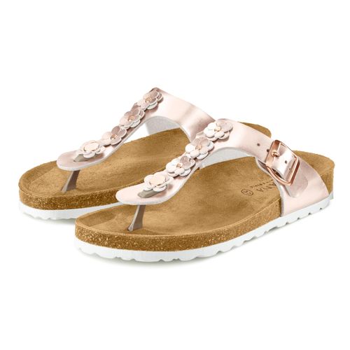 Zehentrenner LASCANA "Sandale, Pantolette, offener Schuh, Sommerschuh", Damen, Gr. 37, rosa (roségoldfarben), Obermaterial: 100% Lederimitat. Decksohle: 100% Rindsleder. Futter: 100% Textilmaterial. Laufsohle: 100% Synthetik, glänzend, metallic, Schuhe Zehentrenner, mit komfortablem Korkfußbett