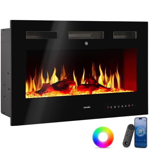 tectake® Elektro-Wandkamin, 2 Leistungsstufen mit 900 W und 1800 W, mehrere Farb-, Helligkeits- und Geschwindigkeitseinstellungen, mit Fernbedienung und App-Steuerung, integriertes Thermostat
