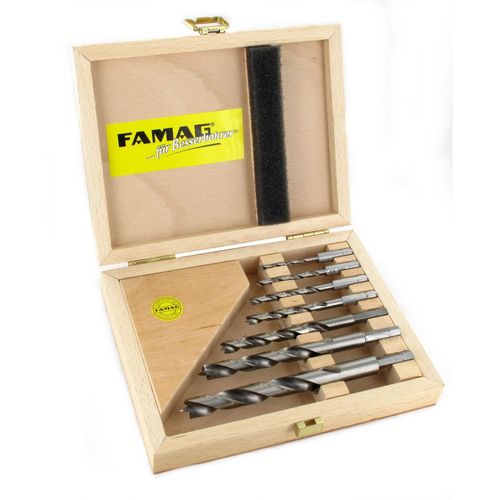Famag Spiralbohrer Set für Holz, 7-teilig, HSS-G, 3-12 mm, Holz-Box, Holzbohrer
