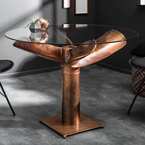 Maritimer Esstisch OCEAN 105cm kupfer geflammt Glastisch mit Schiffsschraube Wohnzimmertisch