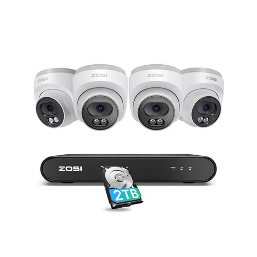 ZOSI 2,5K PoE Überwachungskamera Aussen Set, 8CH 5MP NVR mit 2TB HDD, 4X 4MP PoE Dome Kamera Überwachung Set mit Audio, Personenerkennung, 100ft Nacht