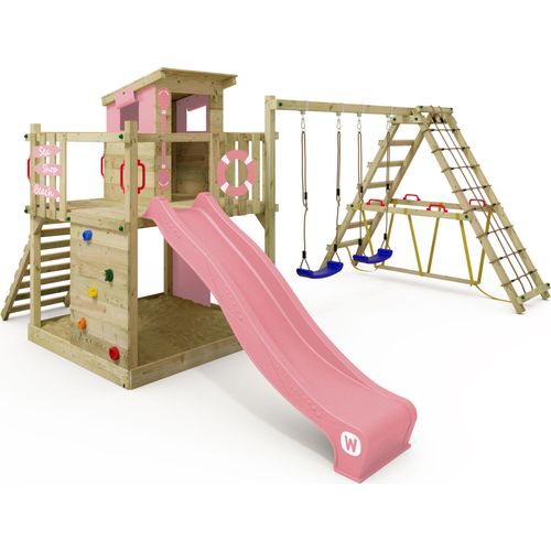 Kletterturm Wickey Smart Surf mit Rutsche und Kletteranbau in Hellrosa