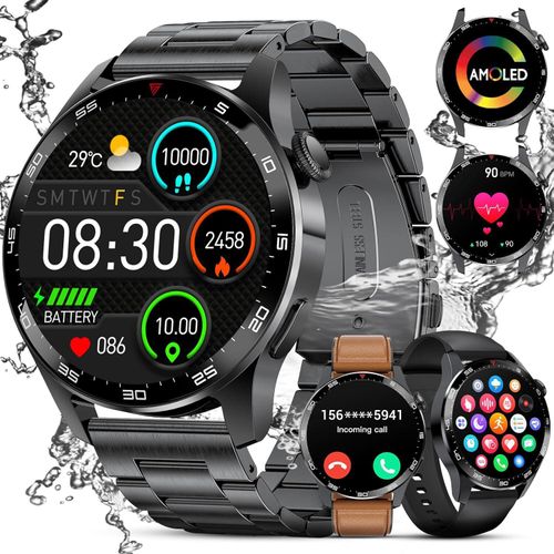 Herren Smartwatch mit Telefonfunktion, AMOLED Militär wasserdichte mit Herzfrequenz-Schlafmonitor SpO2, 100+ Sportmodi Fitnessuhr