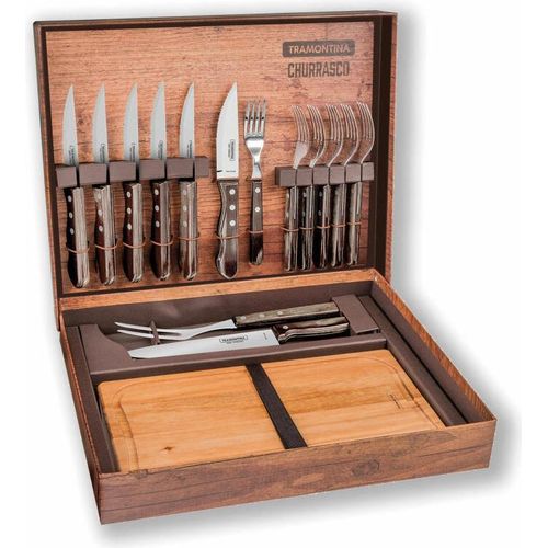Tramontina JUMBO BBQ-Set, 15-tlg., Steakbesteck, Schneidebrett, Tranchierset, Messer, Gabel, Edelstahl / Holz, 29899-324