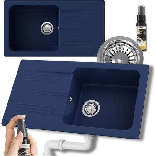 Granitan | GranitSpüle - Spülbecken -Kammer - 77,5x43,5 cm - Rechteckig - Blau - mit Küchenarmatur - mit Abtropfgestell - ADA