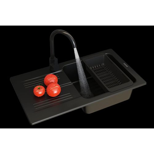 Granitan | GranitSpüle - Spülbecken -Kammer - 77,5x43,5 cm - Rechteckig - Schwarz - mit Küchenarmatur - mit Abtropfgestell - ADA