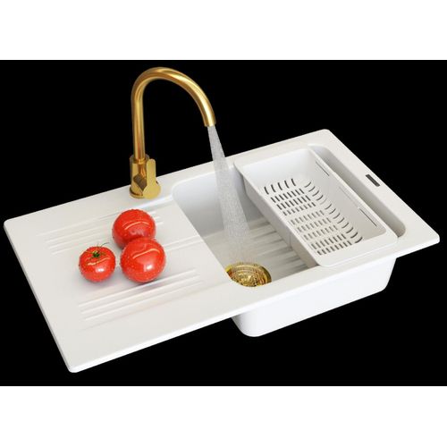 Granitan | GranitSpüle - Spülbecken -Kammer - 77,5x43,5 cm - Rechteckig - Weiß - mit Küchenarmatur - mit Abtropfgestell - ADA