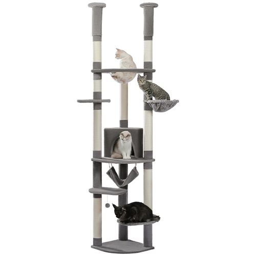 PAWZ Road XXL Katzenbaum 236-258cm mit Sisal-Kratzpfosten, Doppelkondo und Korb für Großkatzen