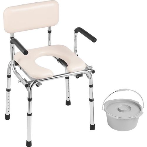 Toilettenstuhl, Bett-Toilettenstuhl mit gepolstertem Sitz, klappbaren Armlehnen, 7-stufiger Höhenverstellung, abnehmbarem 5,8-Liter-Eimer, einfacher Montage, 350 lbs Tragkraft, tragbare Toilette für Erwachsene und Senioren