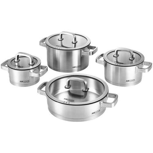 Am Cook Kochtopfset Senna S8, Edelstahl, Metall, 8-teilig, 16 cm,20 cm, 1,7 L,3,4 L,6,0 L, Abgießfunktion, Griffe werden nicht heiß, leichte Reinigung,mit Dampfablass, Kochen, Töpfe, Topfsets