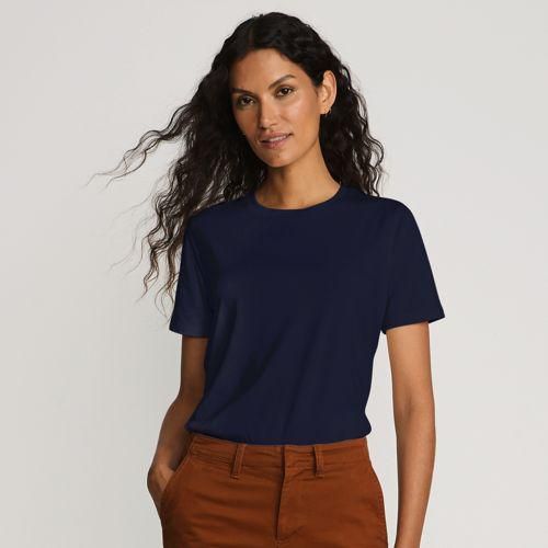 Supima Kurzarm-Shirt mit rundem Ausschnitt, Damen,  Blau, Baumwolle, by Lands' End