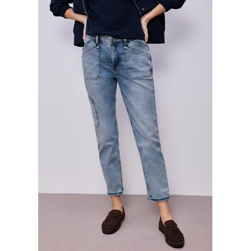 Cargojeans STREET ONE "Style Charlie", Damen, Gr. 33, Länge 28, bleached washed, Denim/Jeans, Obermaterial: 85% Baumwolle, 9% Polyester, 4% Elastomultiester, 2% Elasthan, unifarben, loose fit lang, Jeans Cargojeans, im angesagten Bleached‑Look und elastischem Bund, Topseller