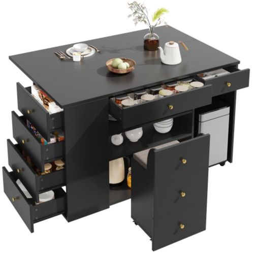 Kücheninsel, Anrichte mit Barhockern, Küchenschrank mit 6 Schubladen & Hockern, Breite verstellbar 140*40(70)*89cm