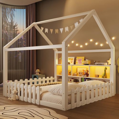 Flachbett Kinderbett 140x190cm Mit Gitter LED-Leiste Offene Staufächer Hausdesign Kiefer Weiß
