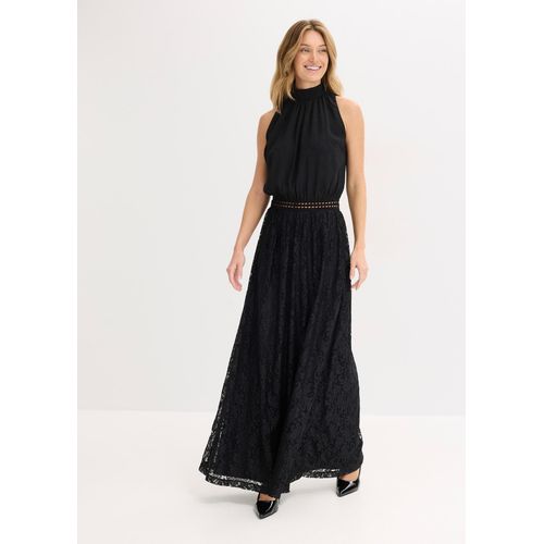 bonprix Maxikleid mit Spitzen-Rock, schwarz, Gr.48, Modern und feminin: Bezauberndes Abendkleid mit Stehkragen und Rock aus romantischer Spitze