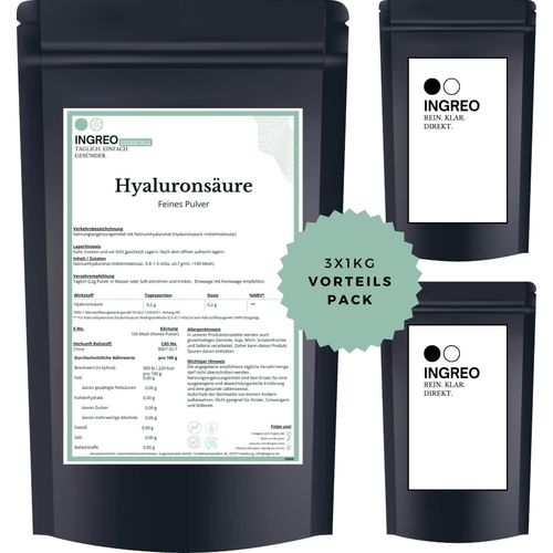Hyaluronsäure - Natriumhyaluronat - Mittelmolekular (0.8–1.5 mDa, 0.7 g/ml) Feines Pulver (>100 Mesh) – 3kg (3X1kg)