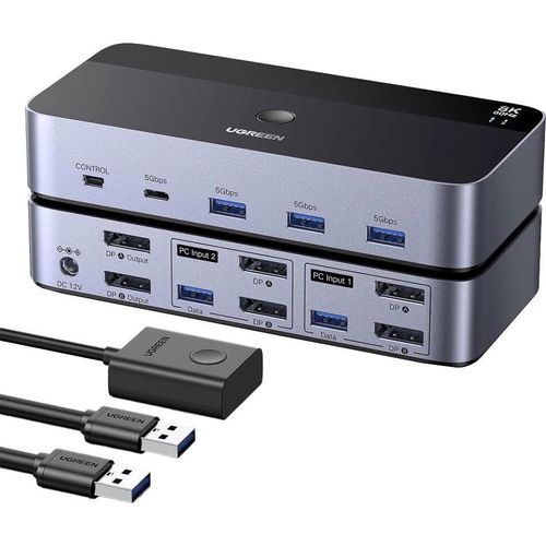 KVM Switch mit Gerteschalter, 4x USB-A 5Gb/s, 6x DisplayPort 8K 60Hz, 1x USB-C, 1x mini USB + 2x kabel USB-A 3.0, Ugreen AK700, Schwarz-Silber
