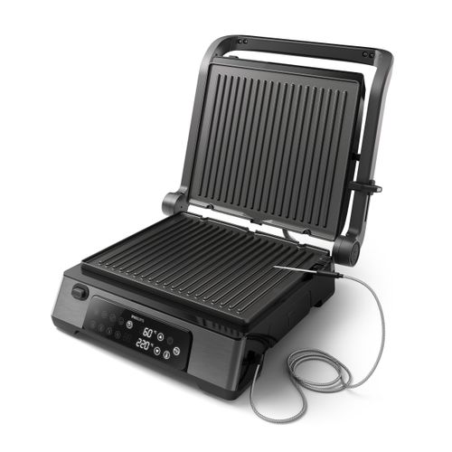 Kontaktgrill PHILIPS "7000 Series HD6307/70 mit digitaler Temperatureinstellung", schwarz, B:37,5cm H:17,7cm T:35,4cm, Kontaktgrill_Standgrill_Tischgrill_Teppanyakigrill, Kontaktgrill, 8 voreingestellten Funktionen, und verstellbaren, abnehmbaren Platten