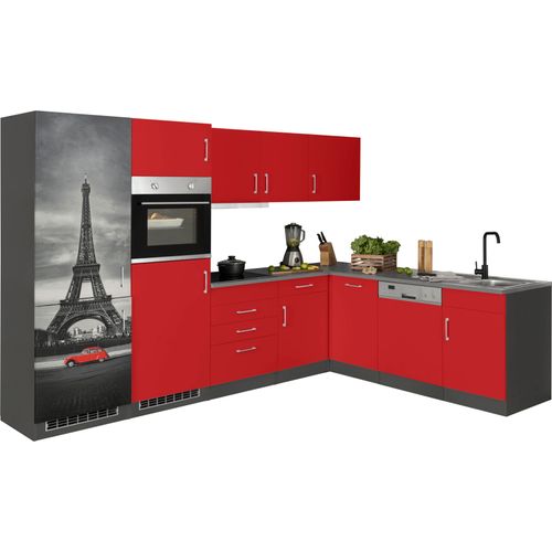 Küchenzeile KOCHSTATION "KS-Paris – Küchen mit einzigartigen Fotomotiven auf den Fronten", rot (küche: rot, front: rot, korpus: grafit, arbeitsplatte: anthrazit), B:290cm H:200cm T:60cm, Komplettküchen-Sets, Küchenzeile, Stellbreite 290/220 cm, wahlweise mit E-Geräten und Induktion