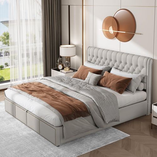 okwish Polsterbett aus Baumwolle und Leinen, 180 x 200 cm, großes Doppelbett mit hydraulischer Stange, Bettkasten, Stauraum, Nageldekoration, hellgrau (ohne Matratze)
