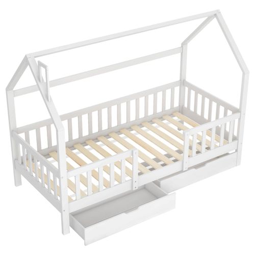 okwish Kinderbett 90 x 200 cm, Heimbett mit Kamin, zwei Schubladen, stabiler Lattenrost, Kinderheimbett in Kiefer, weiß (ohne Matratze)
