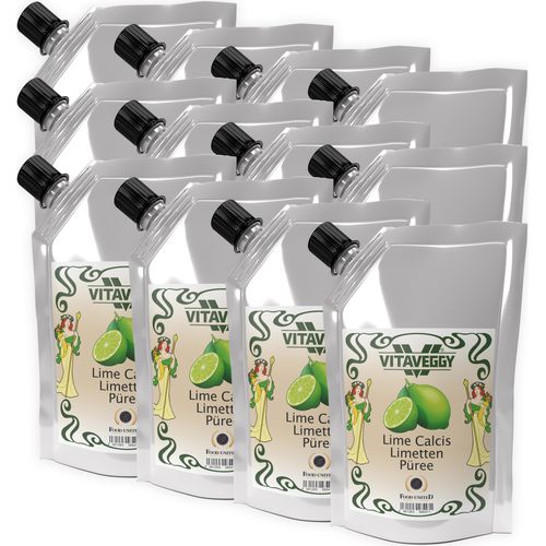 VITAVEGGY Früchte-Püree LIMETTEN 12x1kg ohne Aroma- Farb- & Konservierungsmittel von Food-United, Limettenpüree für Obstbrei & Obsmus oder als Limettensaftkonzentrat Limette-Minz-Tee oder für Saft Cocktails Limetten-Smoothies Sorbets Kuchen Tarten,