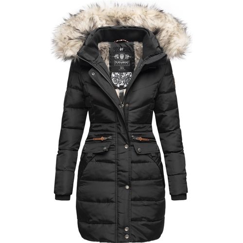 Navahoo Paula Veganer Damen Winter Steppmantel ohne Daunen mit Kapuze und Kunstfellkragen Pelzfrei Wintermantel Schwarz Gr. 38 - M