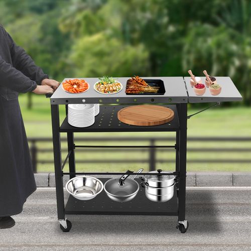 Grillwagen Tisch, Grillwagen Tisch mit klappbarem Beistelltisch, Kochvorbereitungstisch mit Rädern