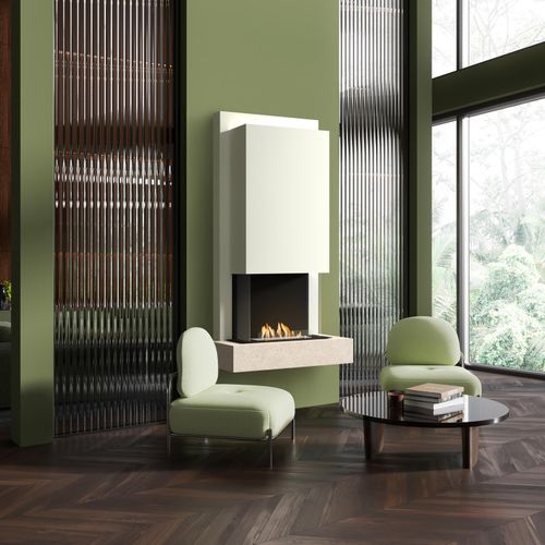 muenkel design Arco [moderner Design Ethanolkamin]: Jura (Schiefer beige) - Planika Senso - Weiß