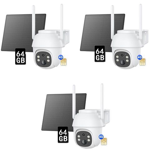 3er-Set 4G LTE Überwachungskamera, 2K Schwenk-Neige-Funktion, Kabellos, Solarbetrieben mit Solarpanel, KI-basierte Personen-/Fahrzeugverfolgung, 64GB