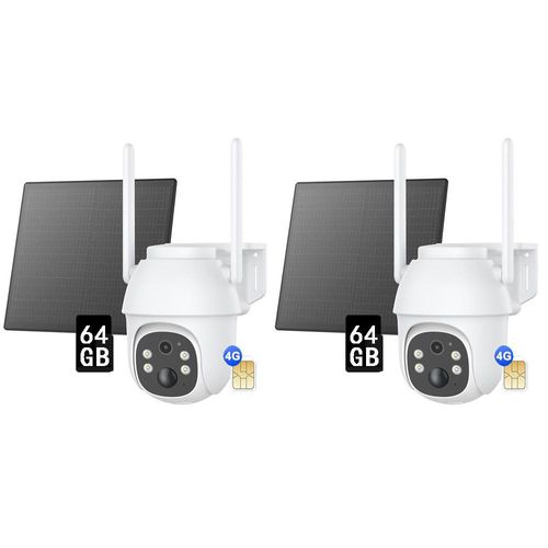 2K+ 5MP 4G LTE Batterie Überwachungskamera , Pan&Tilt, Non-Stop Solarstrom, Kein-WiFi, mit SIM-Kartenslot+64GB SD Karte 2PCS