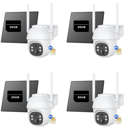 4G / LTE PTZ Solar Überwachungskamera 3MP mit SIM Karte 2-Wege Audio, KI Bewegungsverfolgung farbige Nachtsicht 4pcs mit 32GB microSD