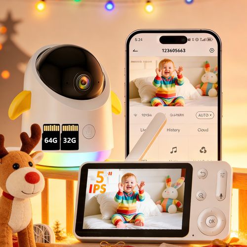 Babyphone mit Kamera und App 5 Zoll Video Babyphone WLAN mit RGB Nachtlicht Automatischer Bewegungserkennung Weinerkennung Nachtsicht mit 32G & 64G
