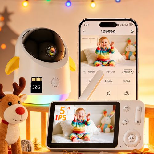 Babyphone mit Kamera und App 5 Zoll Video Babyphone WLAN mit RGB Nachtlicht Automatischer Bewegungserkennung Weinerkennung Nachtsicht mit 32G
