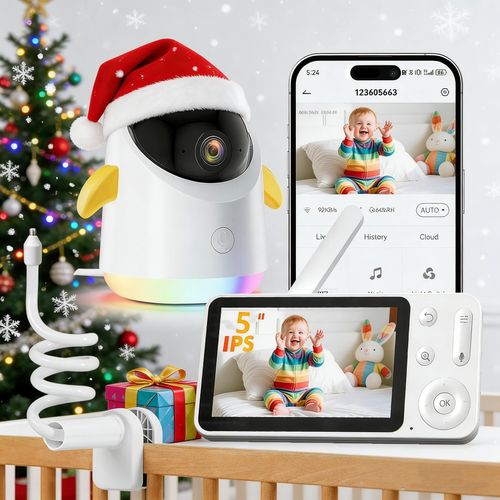 5 Zoll Babyphone mit Kamera und App Video Babyphone WLAN RGB Nachtlicht Automatischer Bewegungserkennung Weinerkennung Nachtsicht mit Halterung